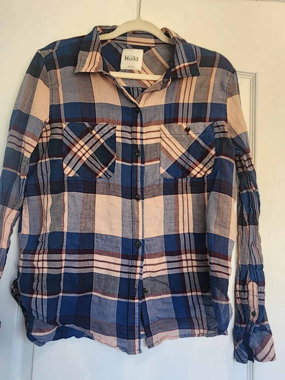 Mudd Womens Blue and Pink Plaid Button-Down Shirt L Euc
